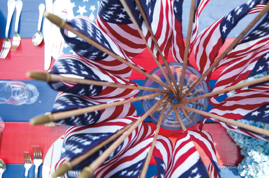 Fourth of July Party, American flags in a vase fan out in a circle photographed from above, Boston Event Planner, Boston Event Planning, Boston Event Stylist, Boston Event Styling