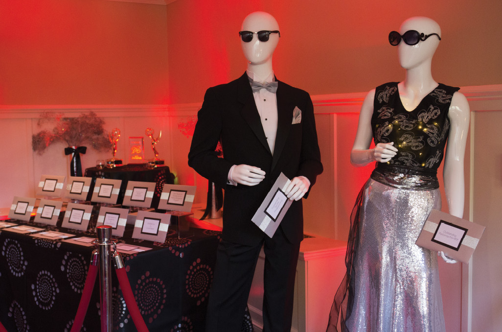 NewTV Media Awards Anniversary Gala; stylish mannequins sported black tie, glittery evening wear, and sunglasses; Boston Event Planner, Boston Event Planning, Boston Event Stylist, Boston Event Styling